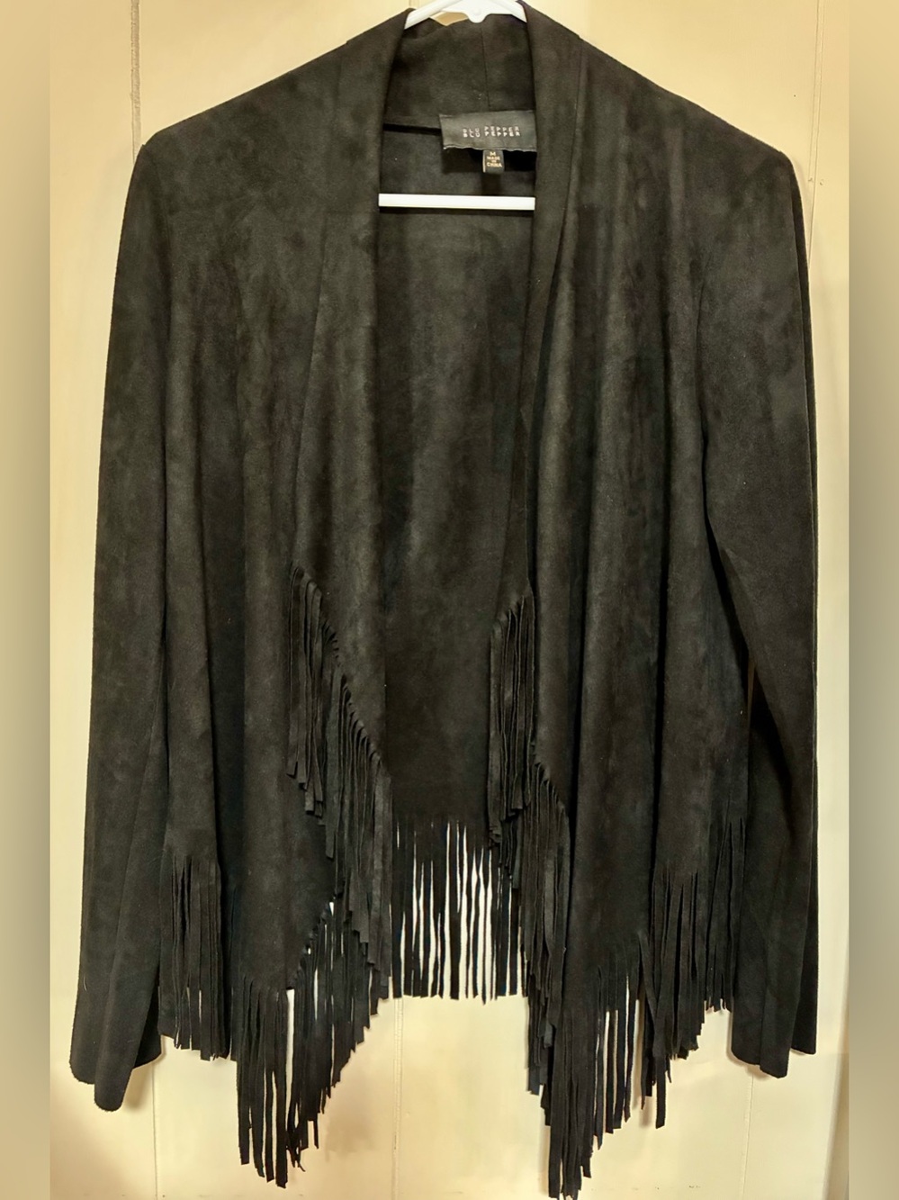 Blu Pepper Black Open Front Drape Faux Suede Fringe Jacket Size Medium Sexy
